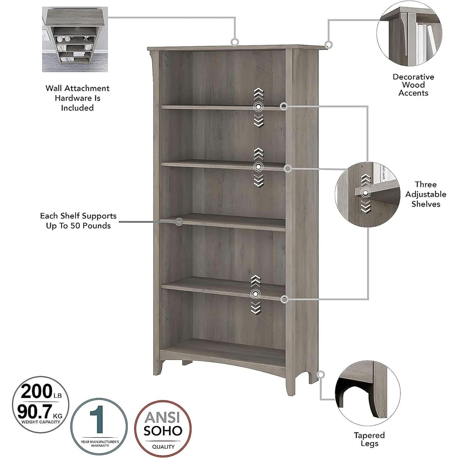 Salinas 63 Inch High Bookcase Driftwood Gray Modern