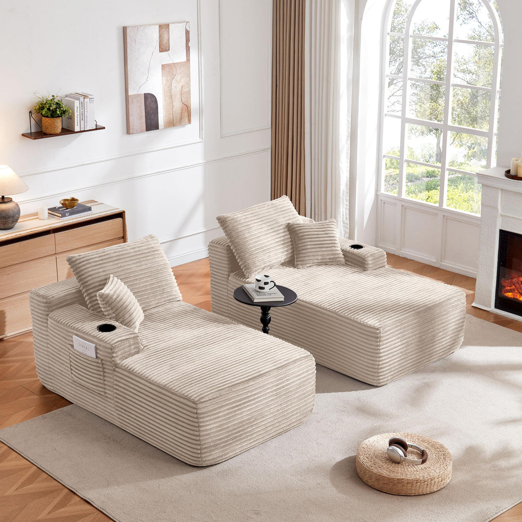 Sectional Sofa L-Shape Plush Beige 69" Double Chaise