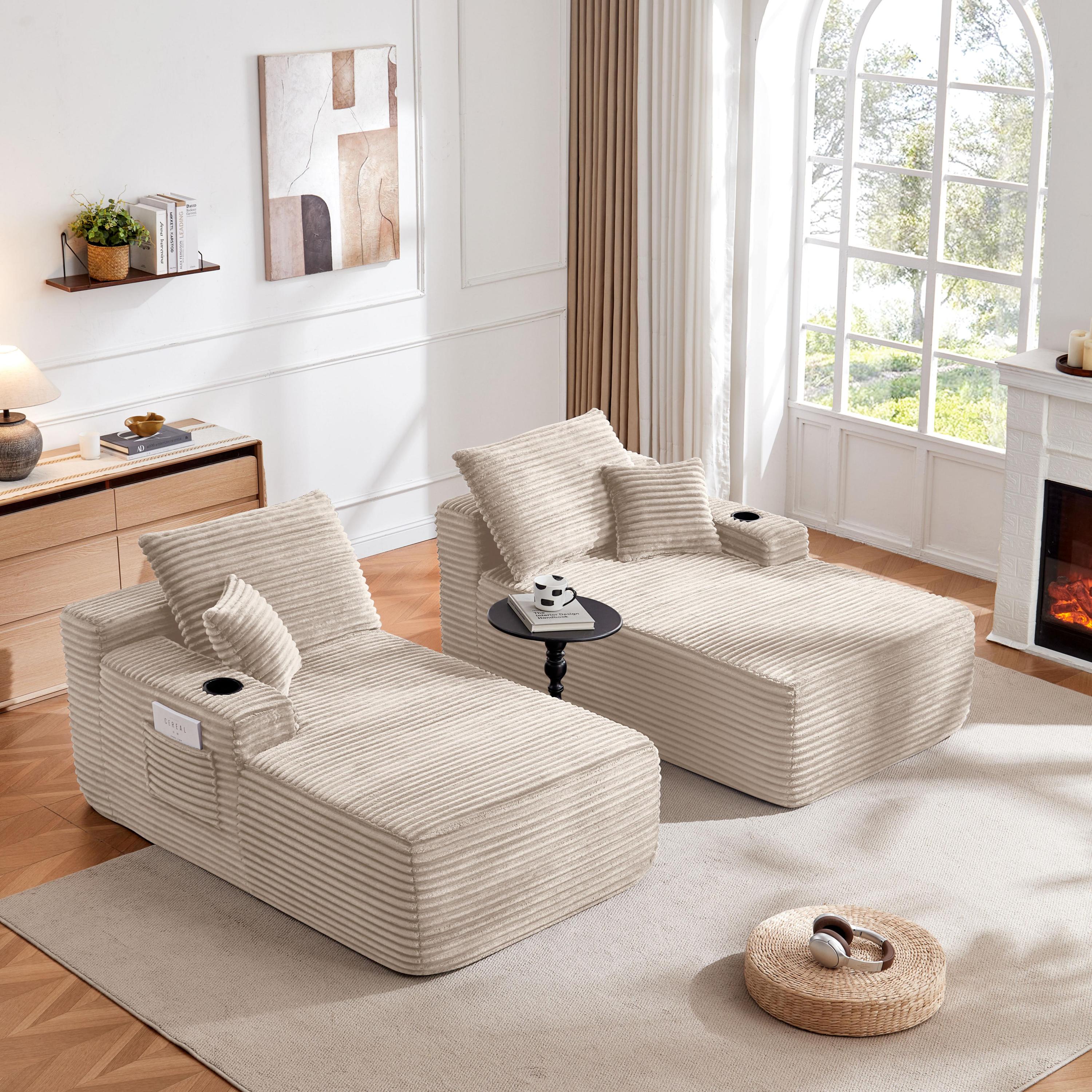 Sectional Sofa L-Shape Plush Beige 69" Double Chaise