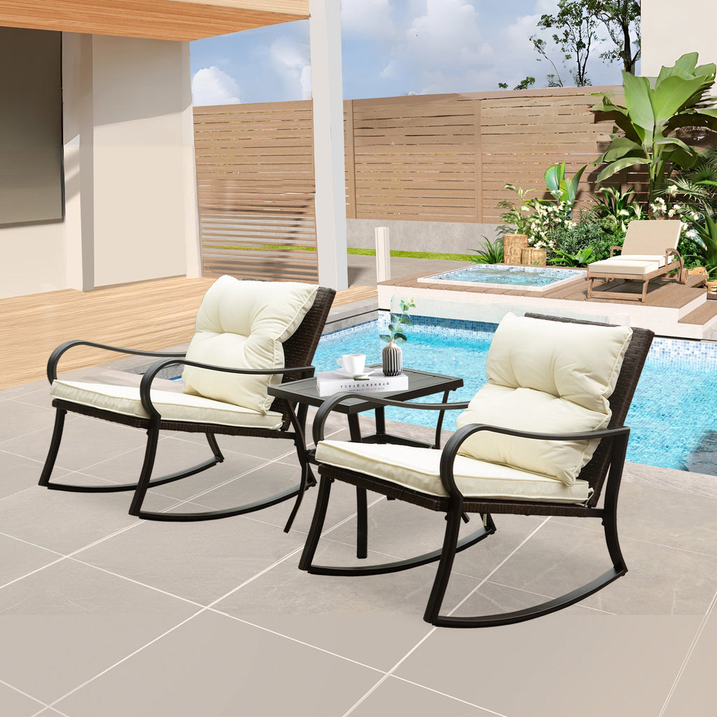 Outdoor Rocking Chair Set Metal White PE Wicker Cushion 2 Piece