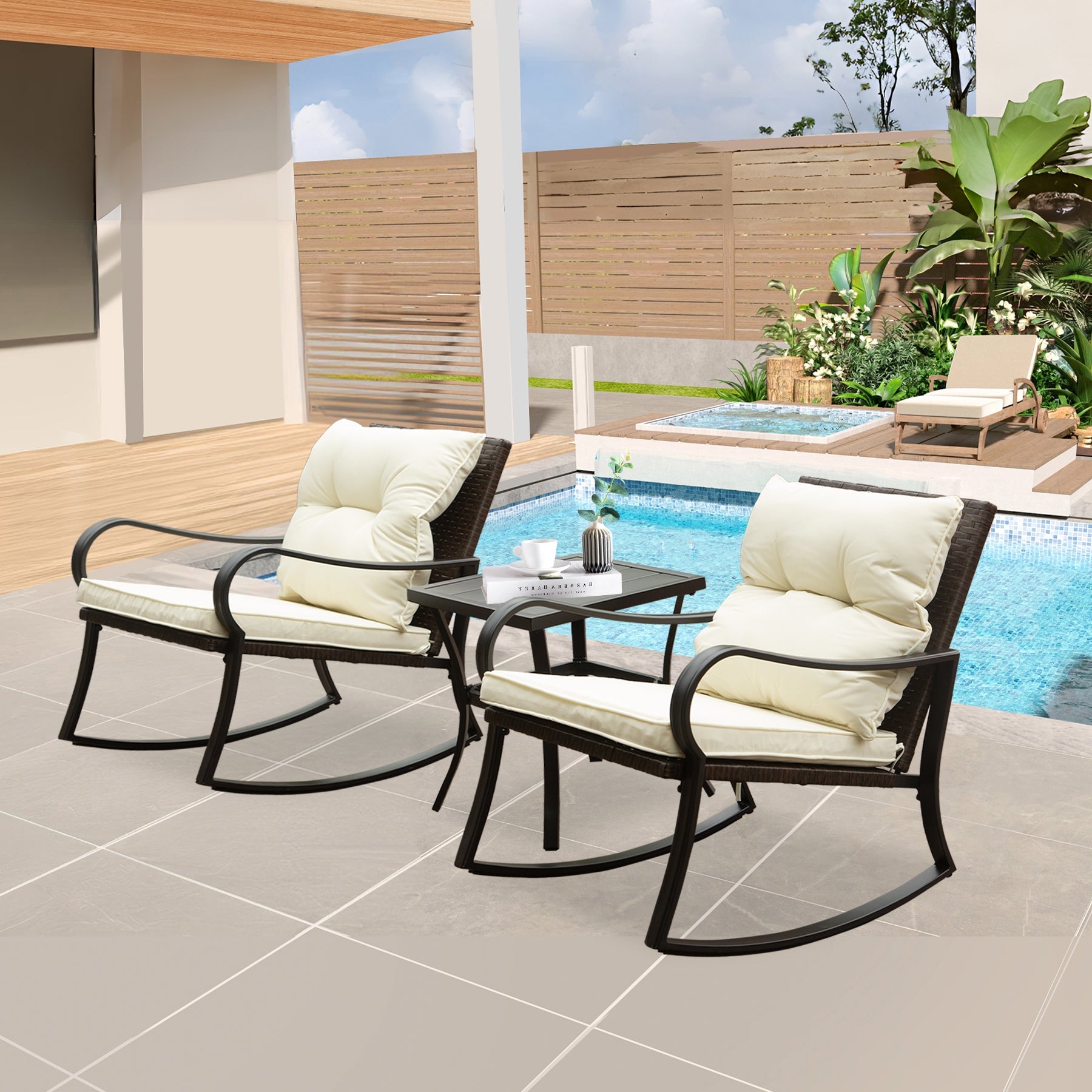 Outdoor Rocking Chair Set Metal White PE Wicker Cushion 2 Piece