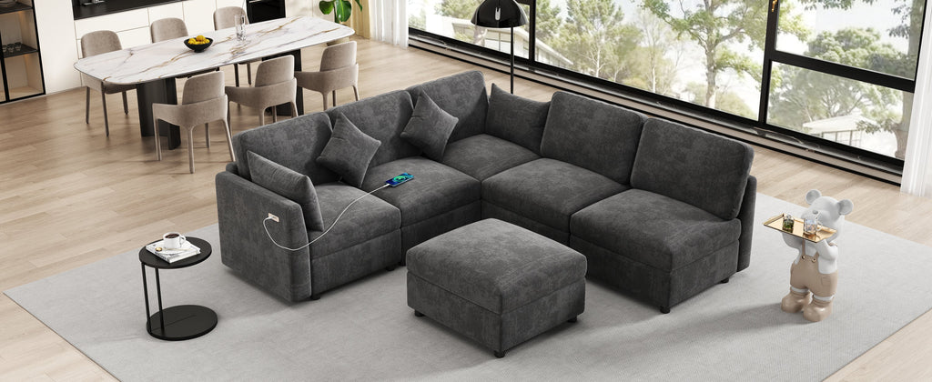 Sectional Sofa U-Shape Modular Chenille Black 5-Seat USB Ports 86.6x61.4 In