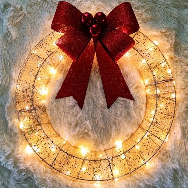 Mandotos Christmas Wreath 50cm Luminous LED Metal Garland Bowknot Front Door Hanging