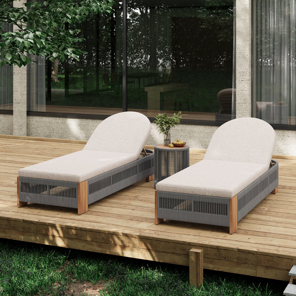 Chaise Lounge Acacia Wood Rope Teak Beige Set of 2 Adjustable Side Table