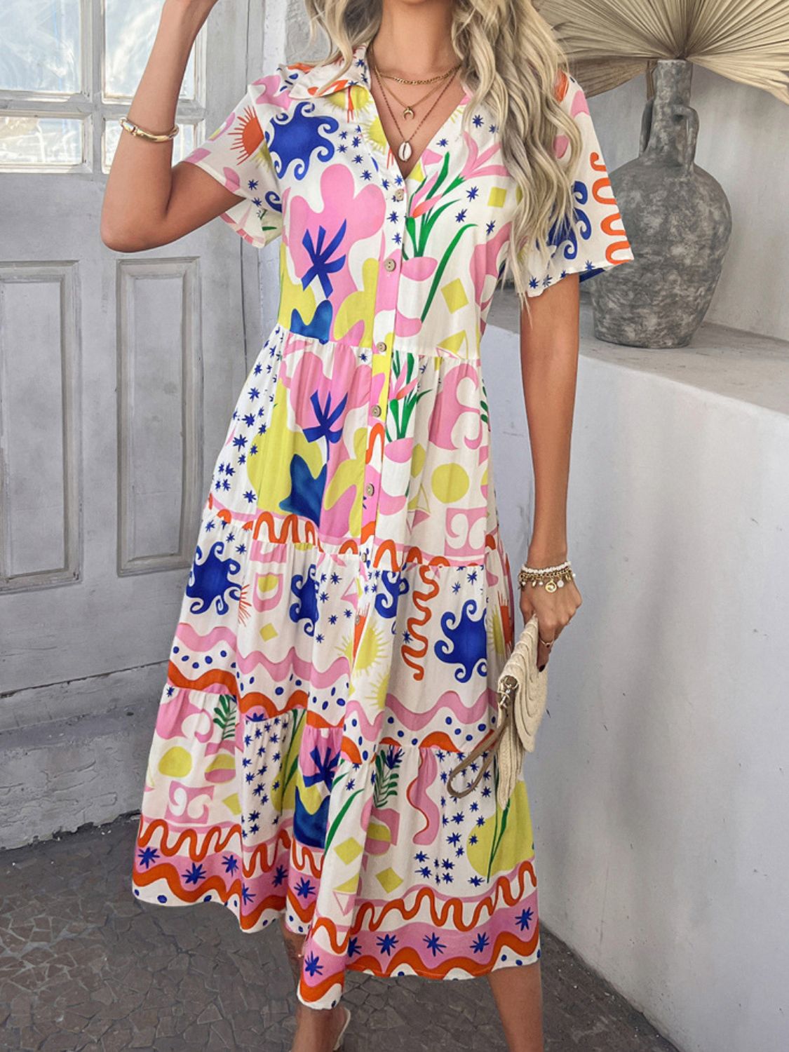 Devine Printed Johnny Collar Button Down Short Sleeve Midi Shirt Dress