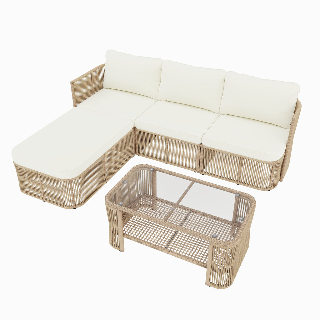 Outdoor Patio Set PE Rattan Iron Dark Beige Modular Glass Table