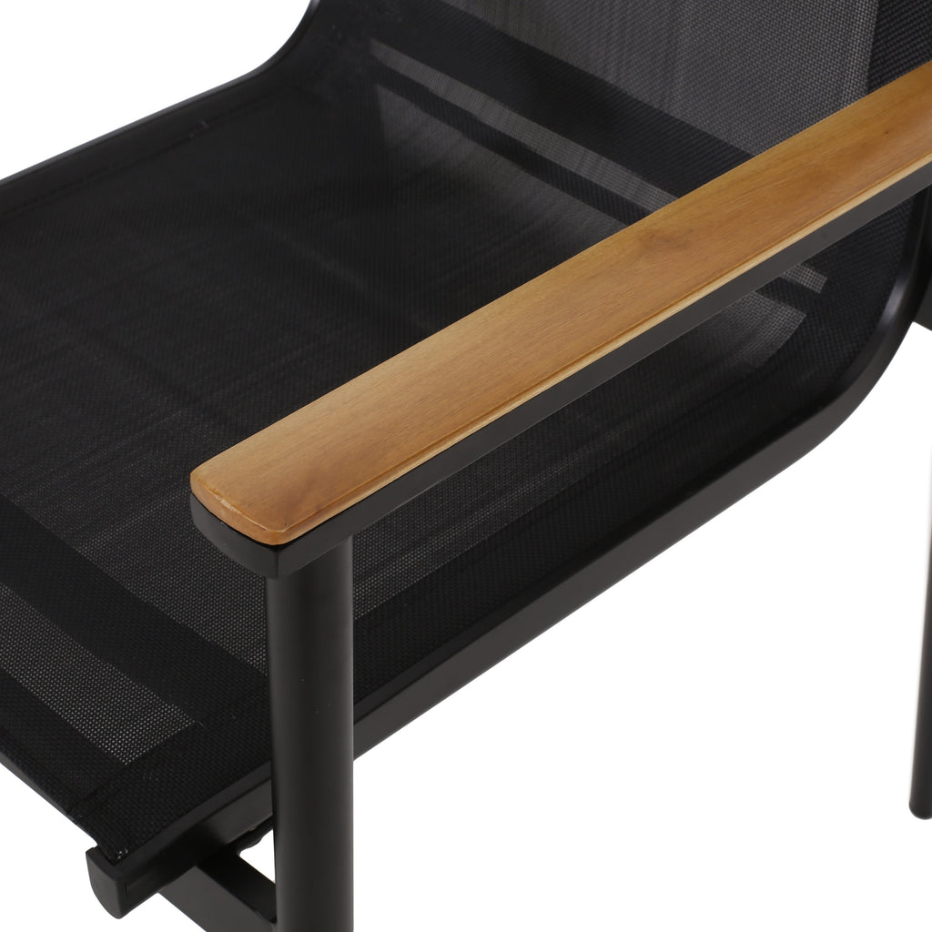 Dining Chair Outdoor Aluminum Mesh Black Natural Faux Wood Accent 22x25x36 In