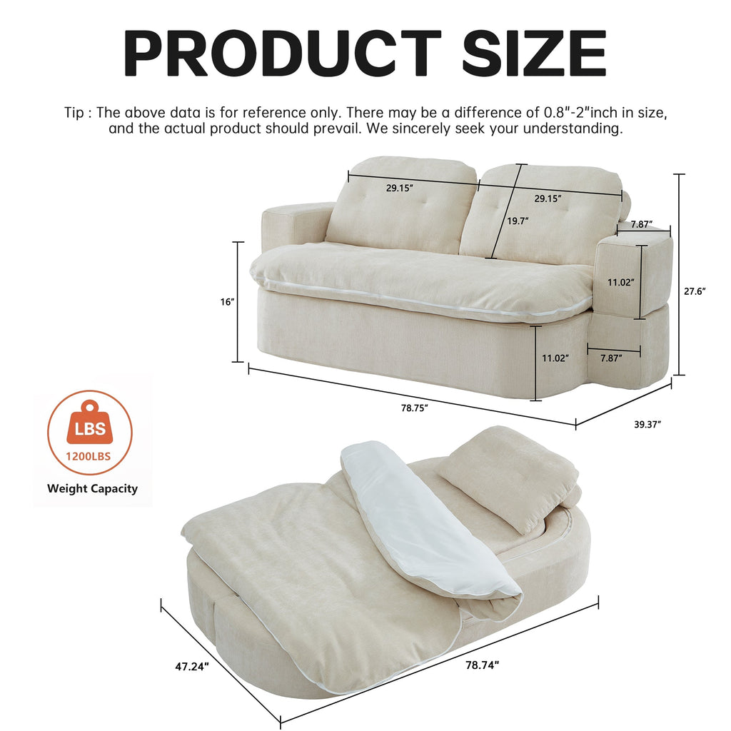 Sofa Bed Floor Modern Chenille Cream No Assembly 2 Pillows 78.7 In