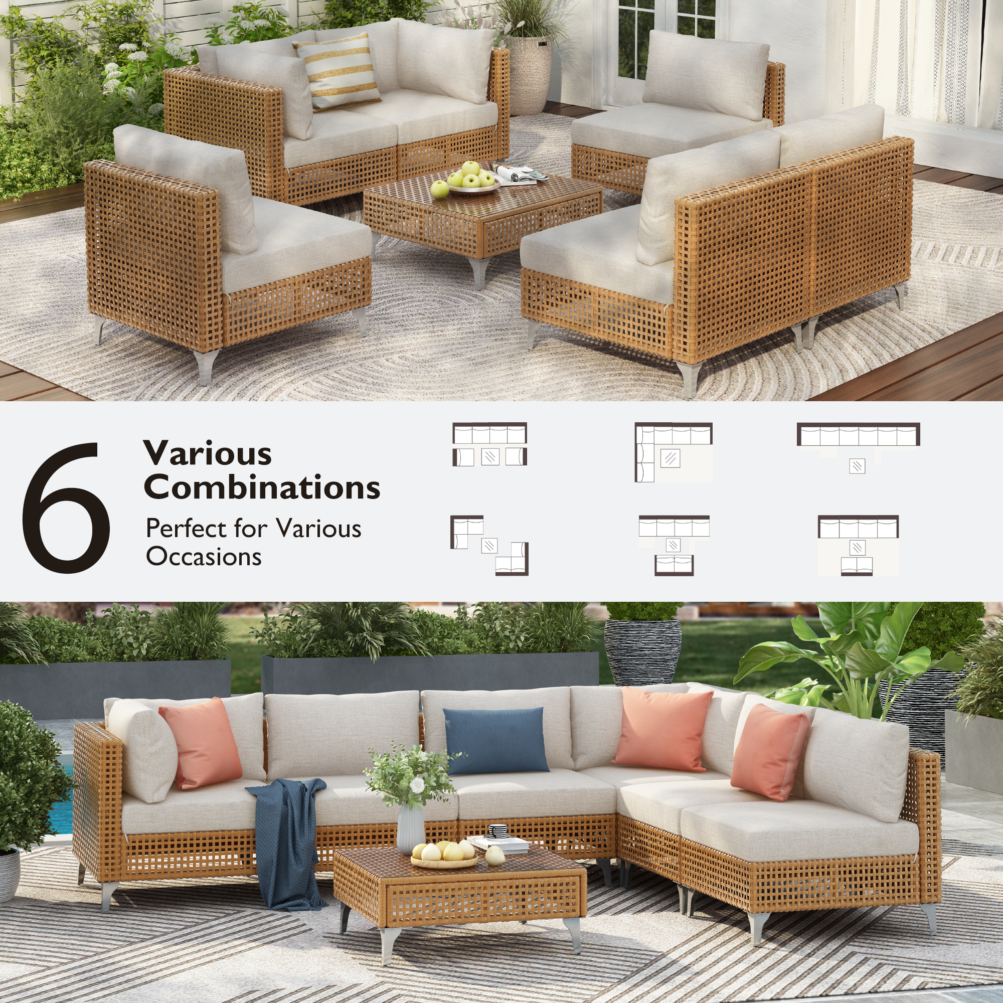Outdoor Patio Sectional Set Rattan Metal Beige 7 Piece Tempered Glass