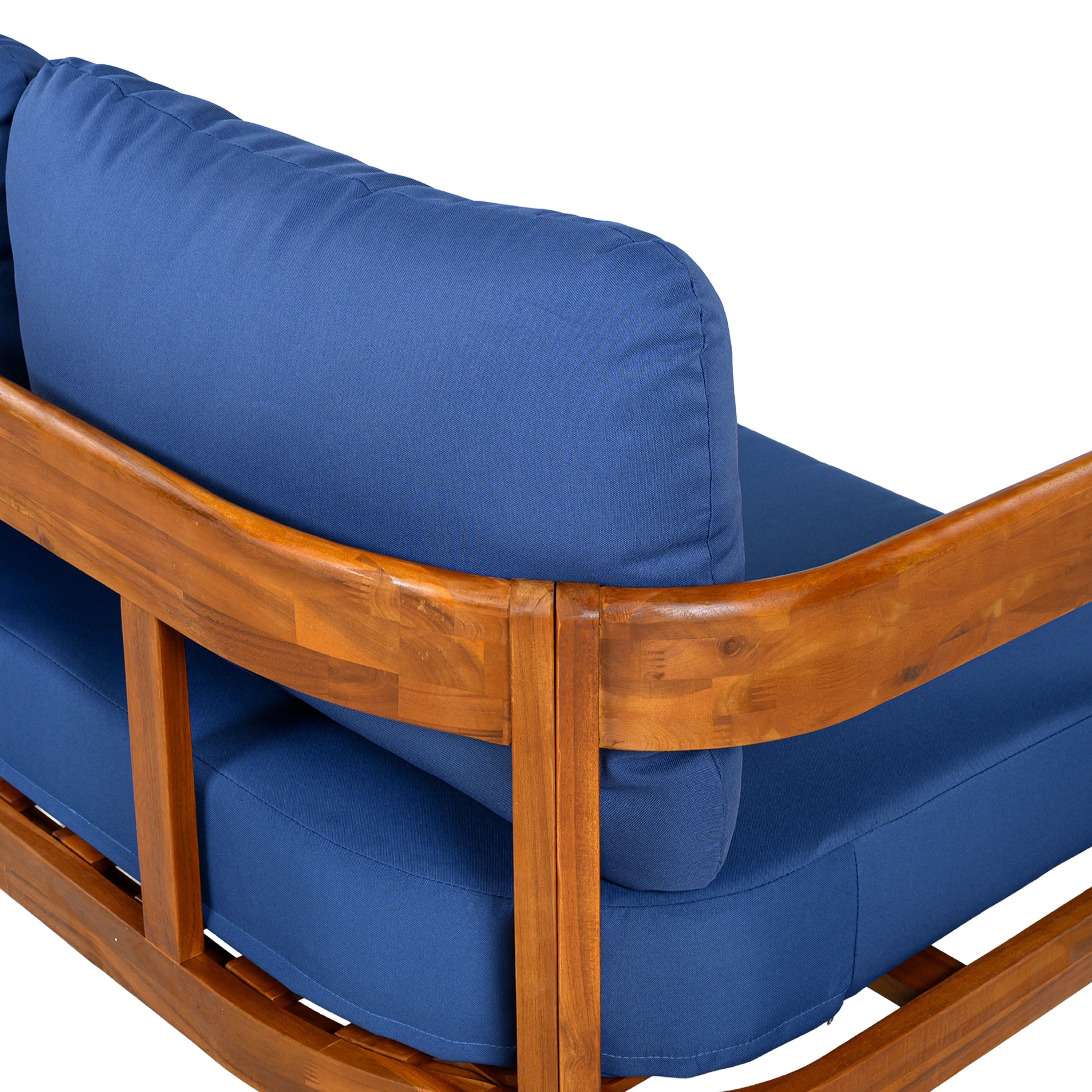 Outdoor Sofa Set Acacia Wood Arc Frame Blue Cushions L-Shape 6 Piece