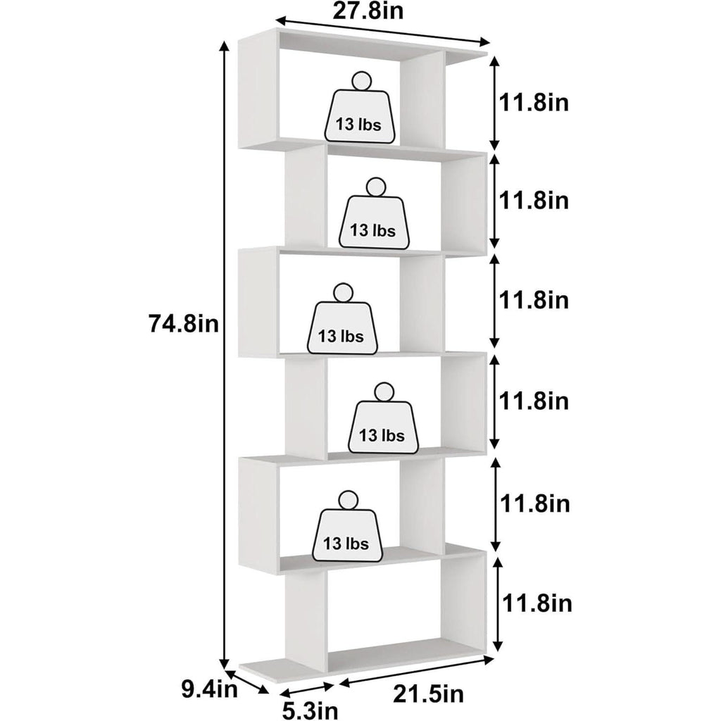 S Shaped Bookshelf White 6 Tier Display Bookcase Office