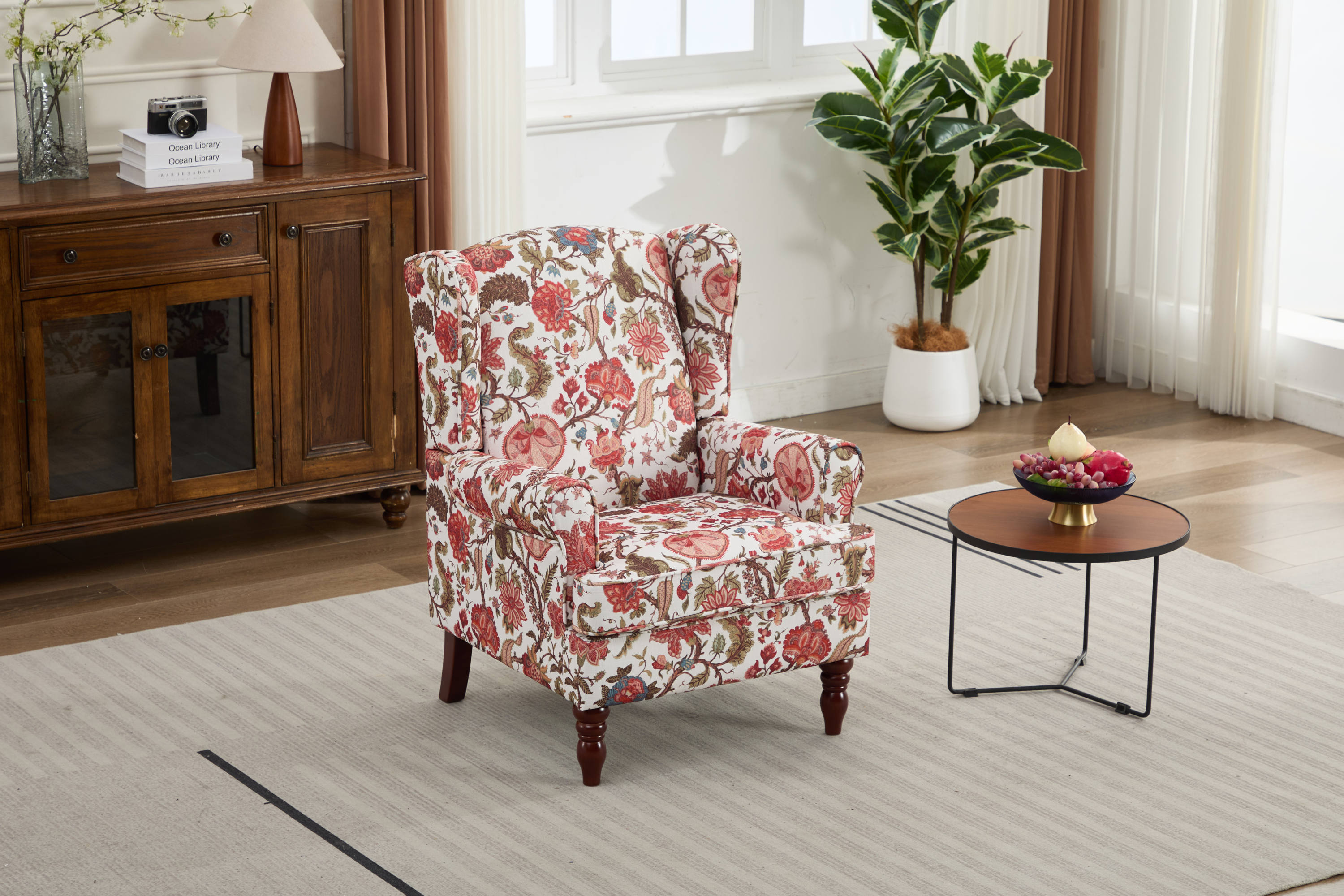 Accent Chair Wingback Linen Floral Red Pine Legs 28x30x38 In