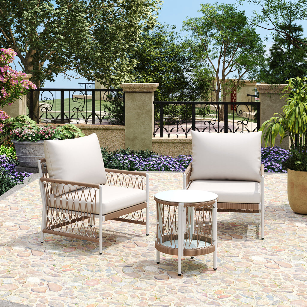 Outdoor Patio Set Bohemian Rope Steel Beige 3 Piece Glass Top Table