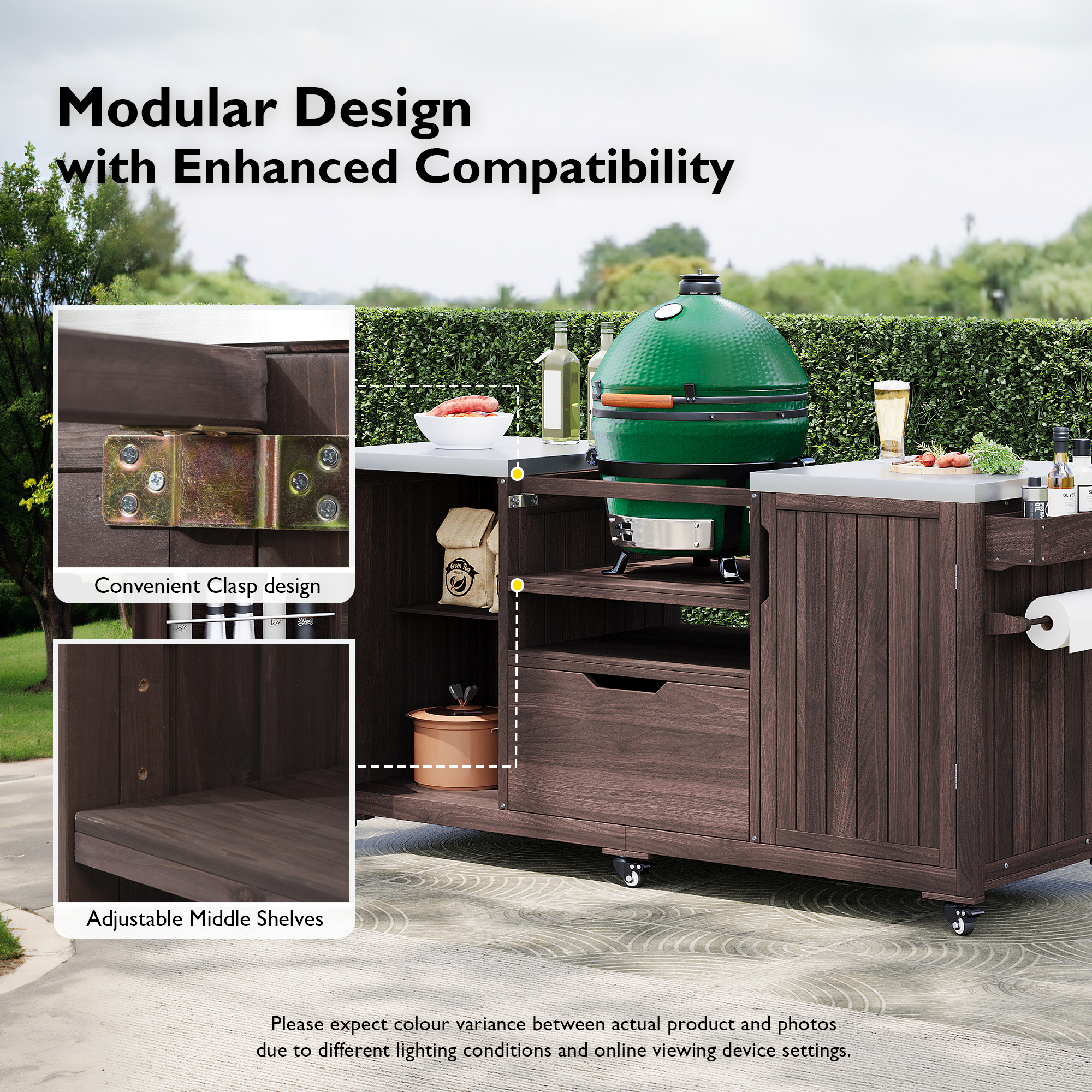 Outdoor Kitchen Island Grill Cart Fir Wood Stainless Steel 66.5
