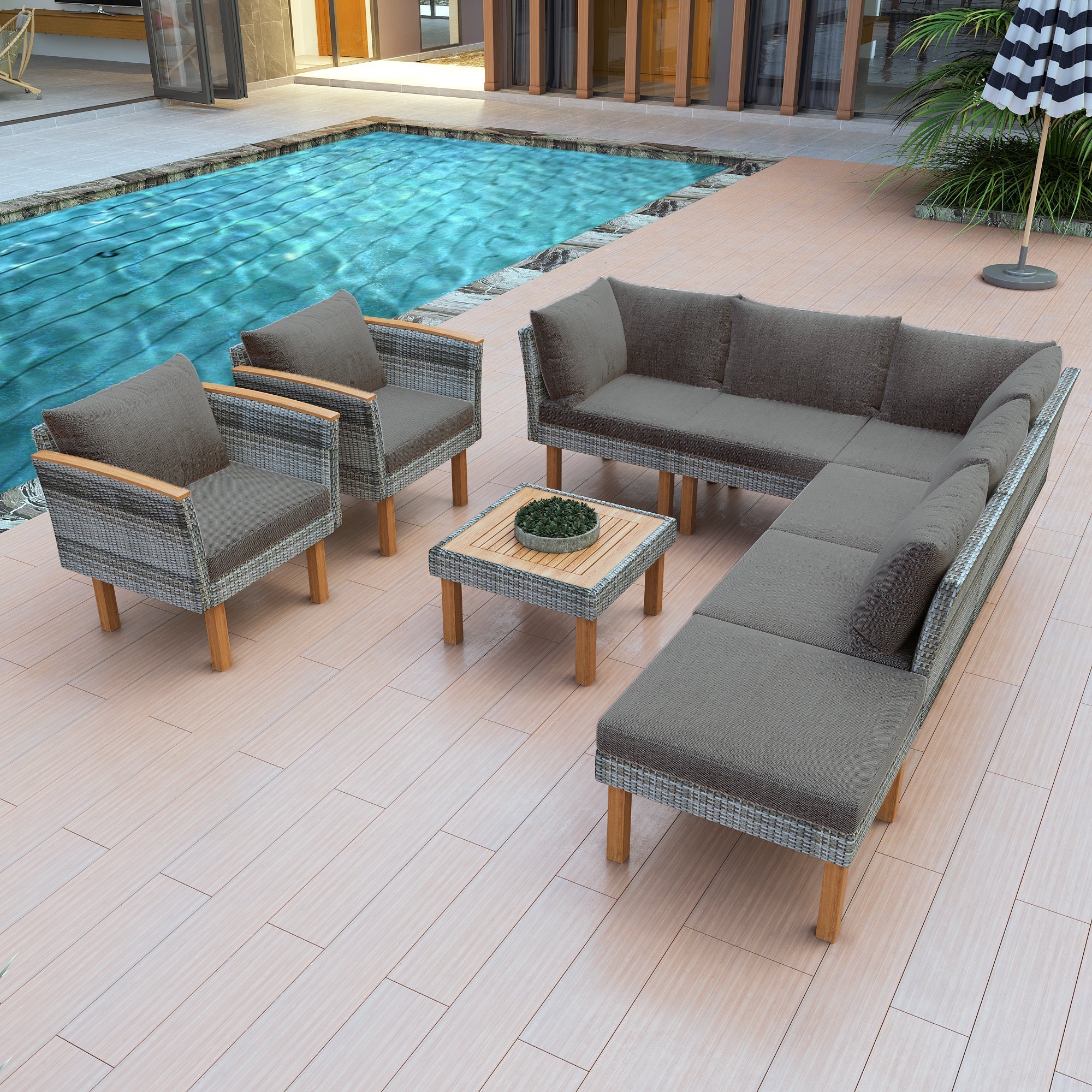 Outdoor Sectional Set PE Rattan Acacia Wood Gray 9 Piece 250 LB