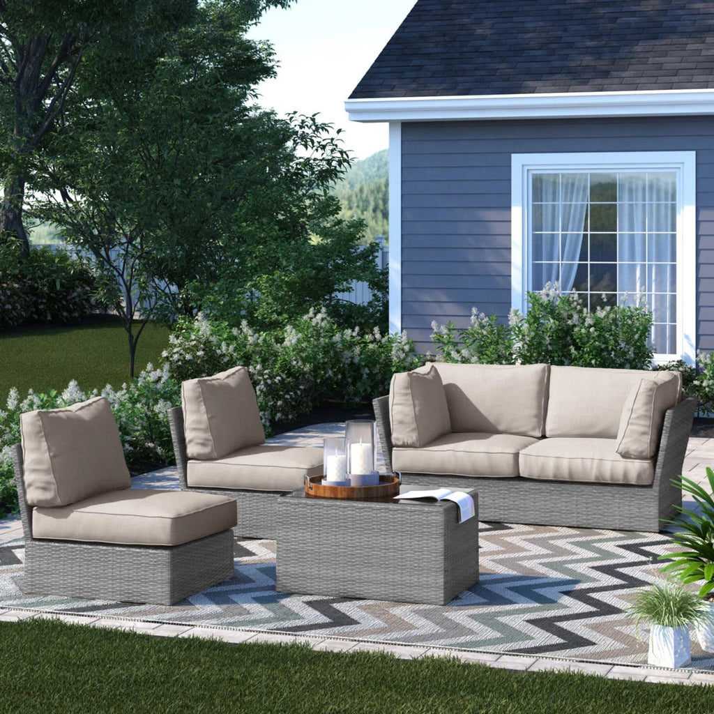 Outdoor Patio Set HDPE Wicker Gray 5 Piece Modular Seats 4