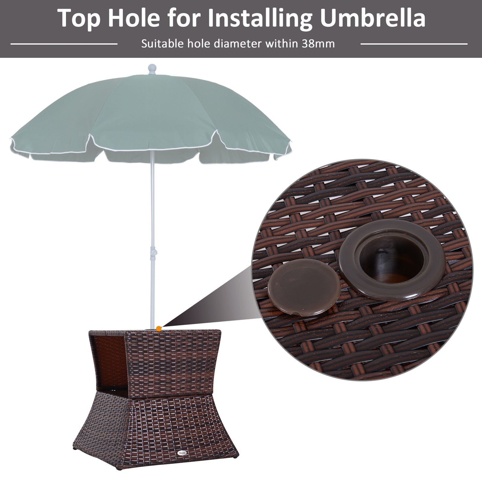 Outdoor Side Table PE Rattan Wicker Brown Umbrella Hole 21in