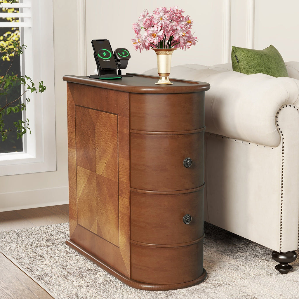 End Table Charging Station 2 AC 2 USB Ports 2 Drawers Arc Design Walnut 23.6 In