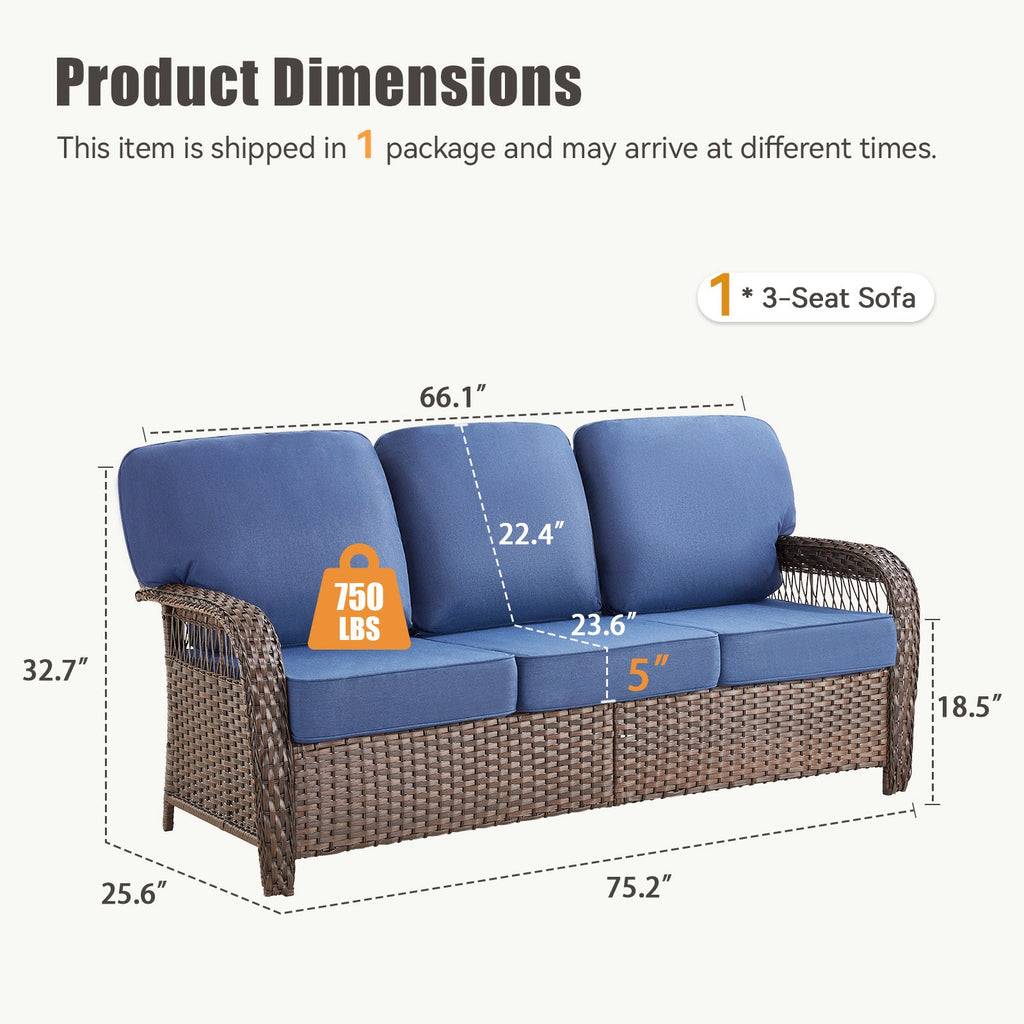 Outdoor Sofa T-Back PE Rattan Blue 3 Seat 5 in Foam Cushions 75in