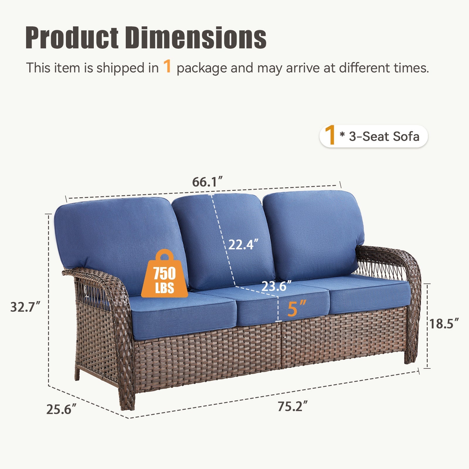 Outdoor Sofa T-Back PE Rattan Blue 3 Seat 5 in Foam Cushions 75in