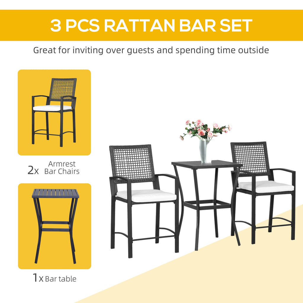 Outdoor Bar Set PE Rattan Black 3 Piece High Table 2 Bar Chairs Footrest