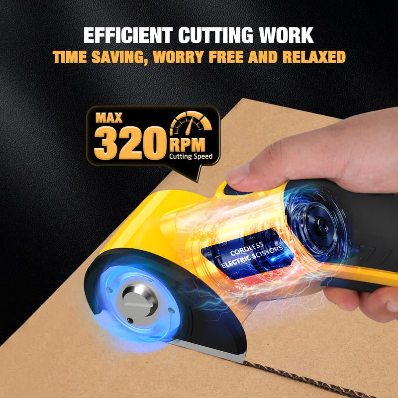 Zeleki Cordless Electric Scissors 4V – Rechargeable Heavy Duty Cutter with Safety Lock, LED Light, Long Battery Life & 2 Extra Blades | Easy-To-Use Wireless Shears for Cardboard,  Packaging Yellow with Storage Bag