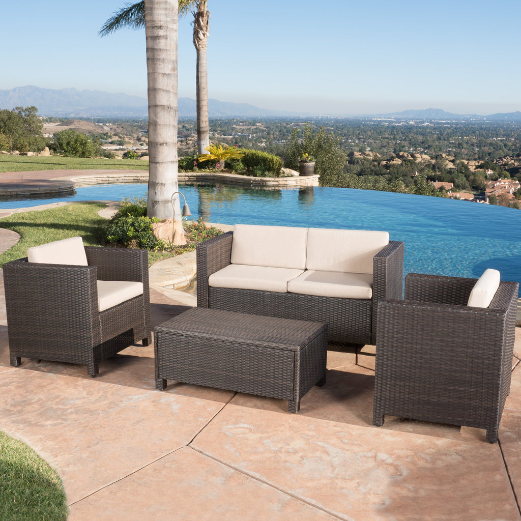 Outdoor Patio Set PE Rattan Dark Brown 4 Piece Loveseat Chairs Coffee Table