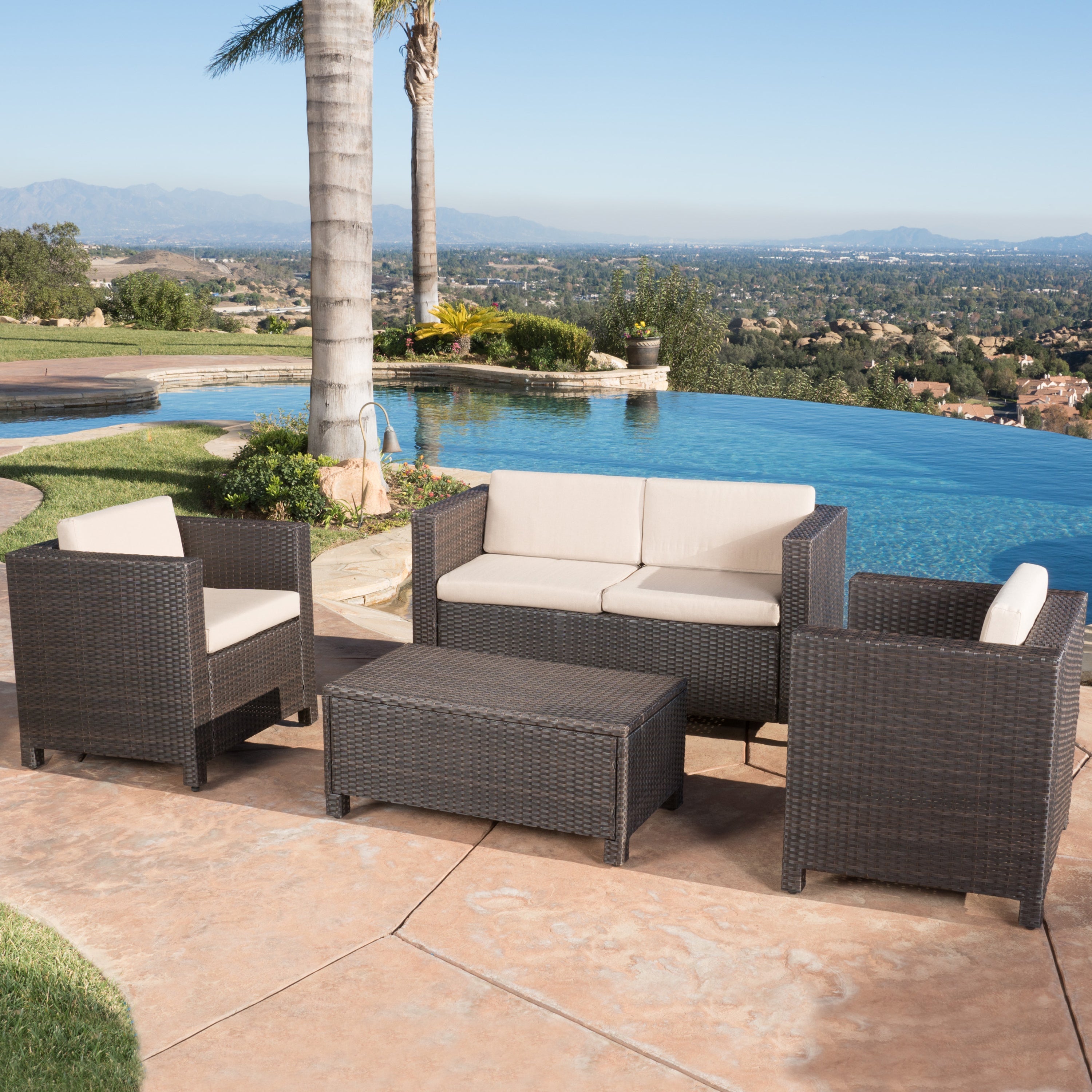 Outdoor Patio Set PE Rattan Dark Brown 4 Piece Loveseat Chairs Coffee Table