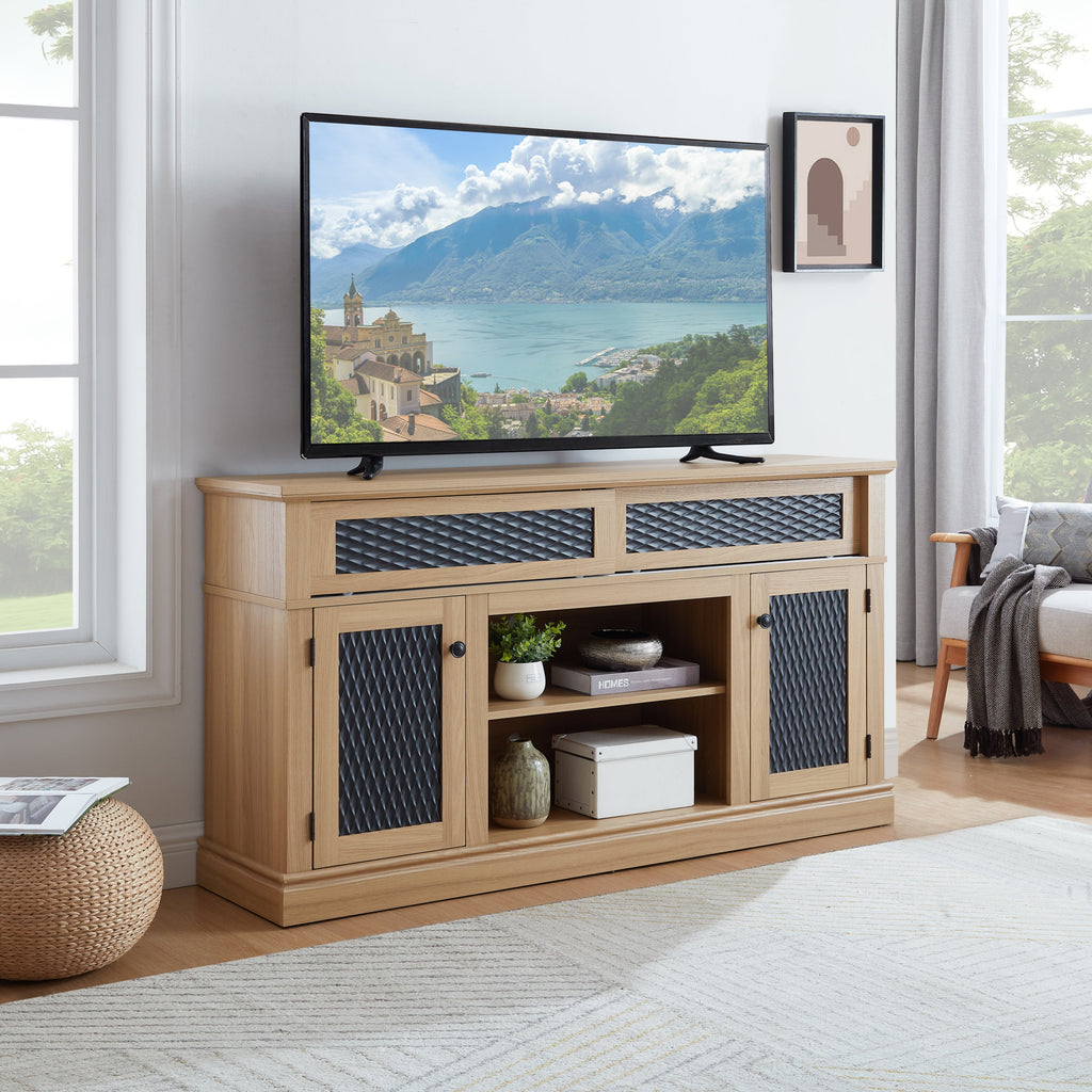 TV Stand Farmhouse Light Oak MDF Embossed Doors 3-Shelf Fits 65 In TV 58.27 In
