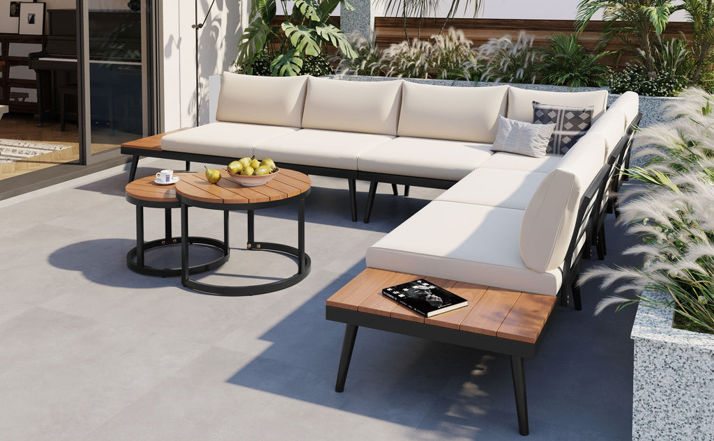Outdoor Sectional Set Acacia Wood Steel Beige Cushion 6 Piece Seats 5