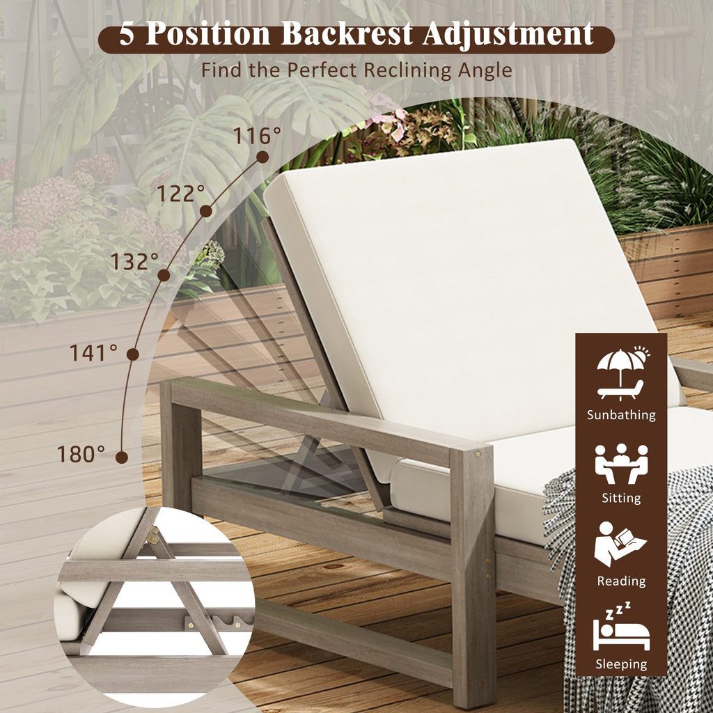 Chaise Lounge Acacia Wood Gray Beige Cushion 5 Position 400 LB