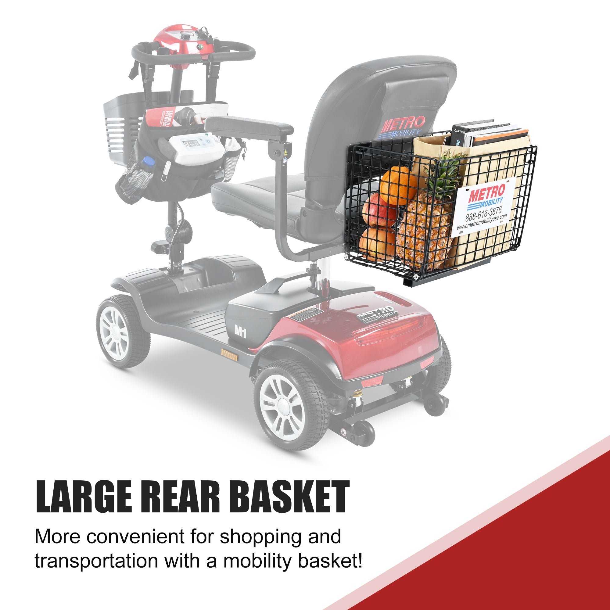 Mobility Scooter 4-Wheel Compact Metal Red 300 LB 10 Mile Rear Suspension