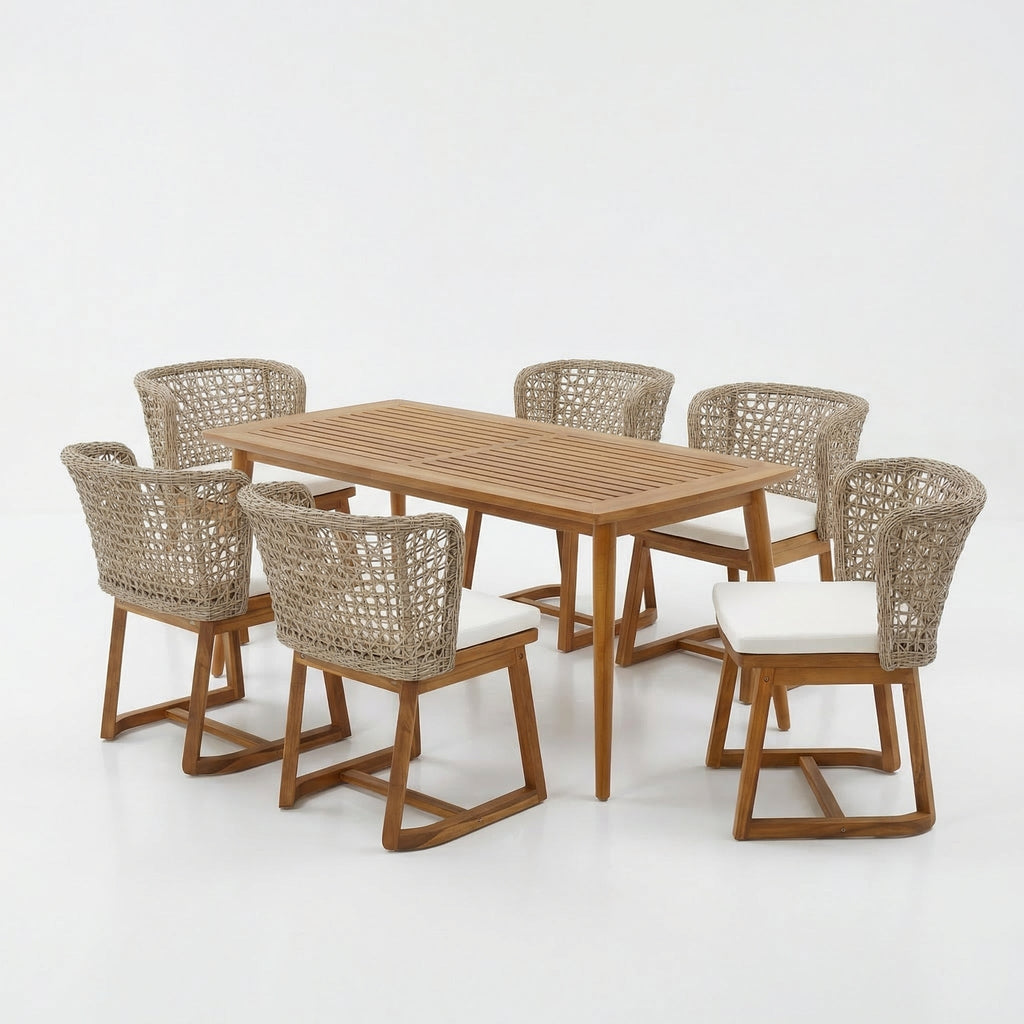 Outdoor Dining Set Acacia Wood Wicker Chair Teak Beige Cushion 7 Piece