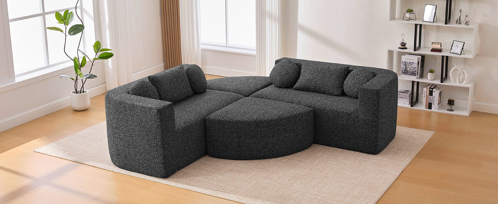 Sectional Sofa U-Shape Modular Boucle Black 6-Seat Deep Seating 114.9x64.5 In