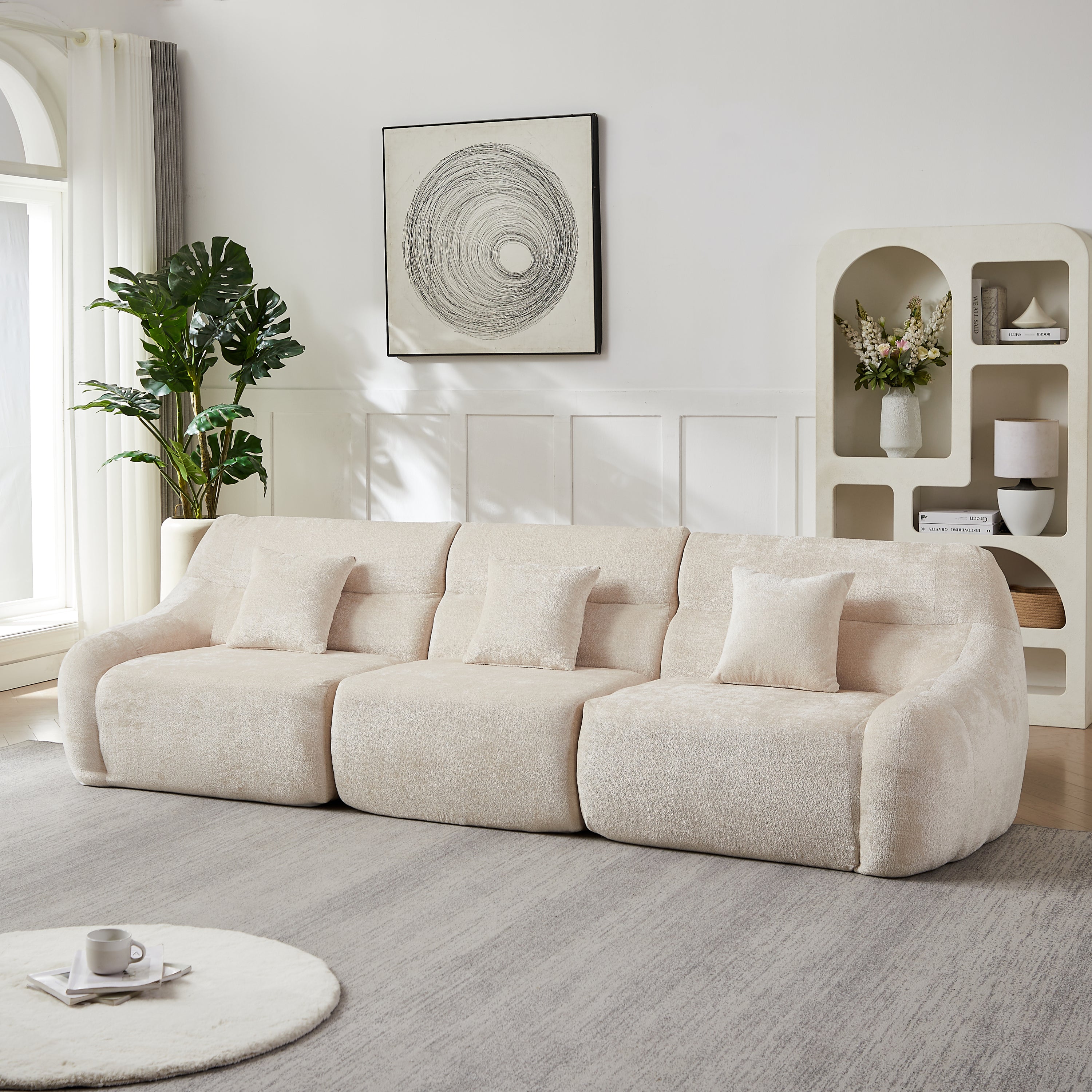 Sectional Sofa Curved Modular Chenille Beige 4 Seat 900 LB No Assembly