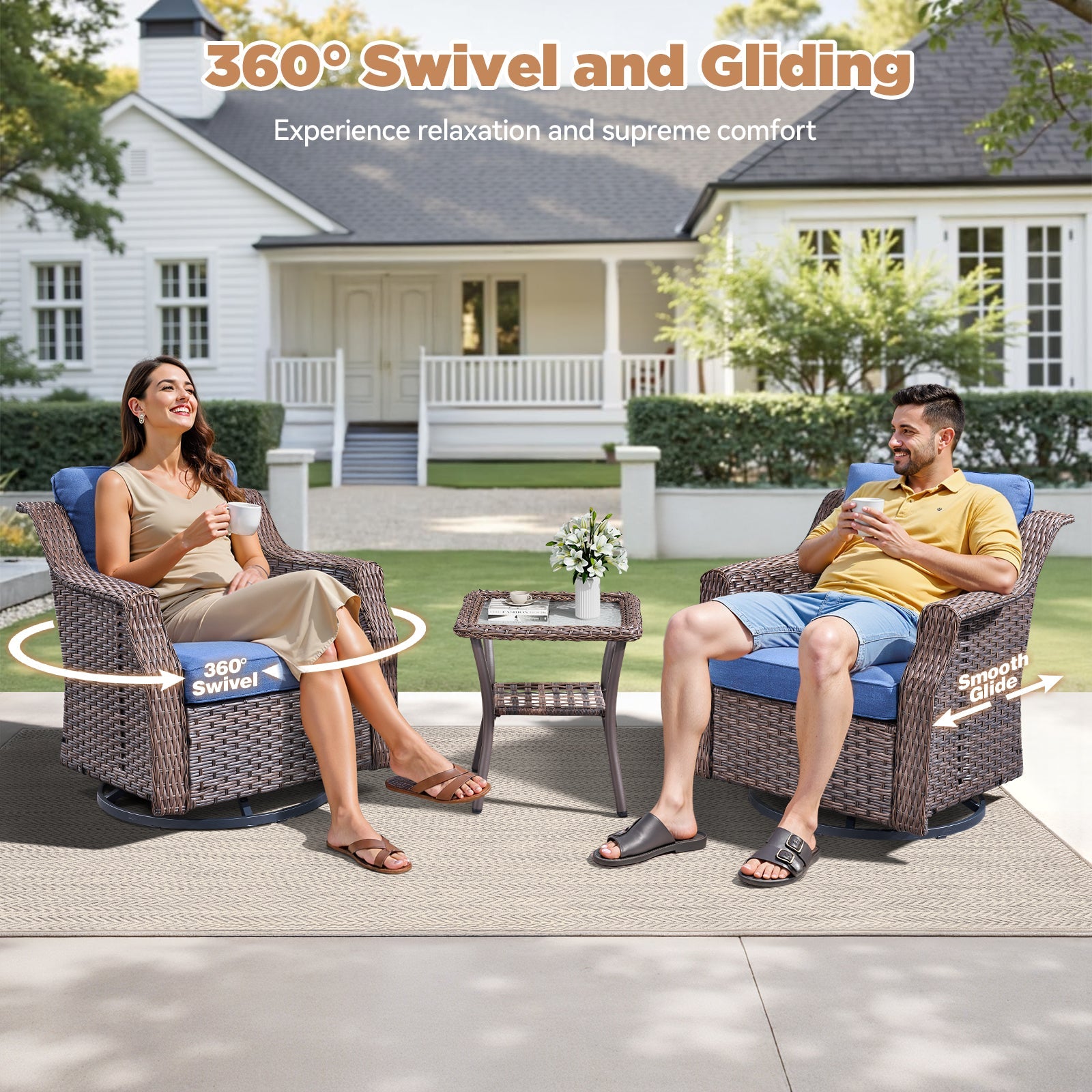 Outdoor Patio Wicker Swivel Rocker 3 Piece Set Blue