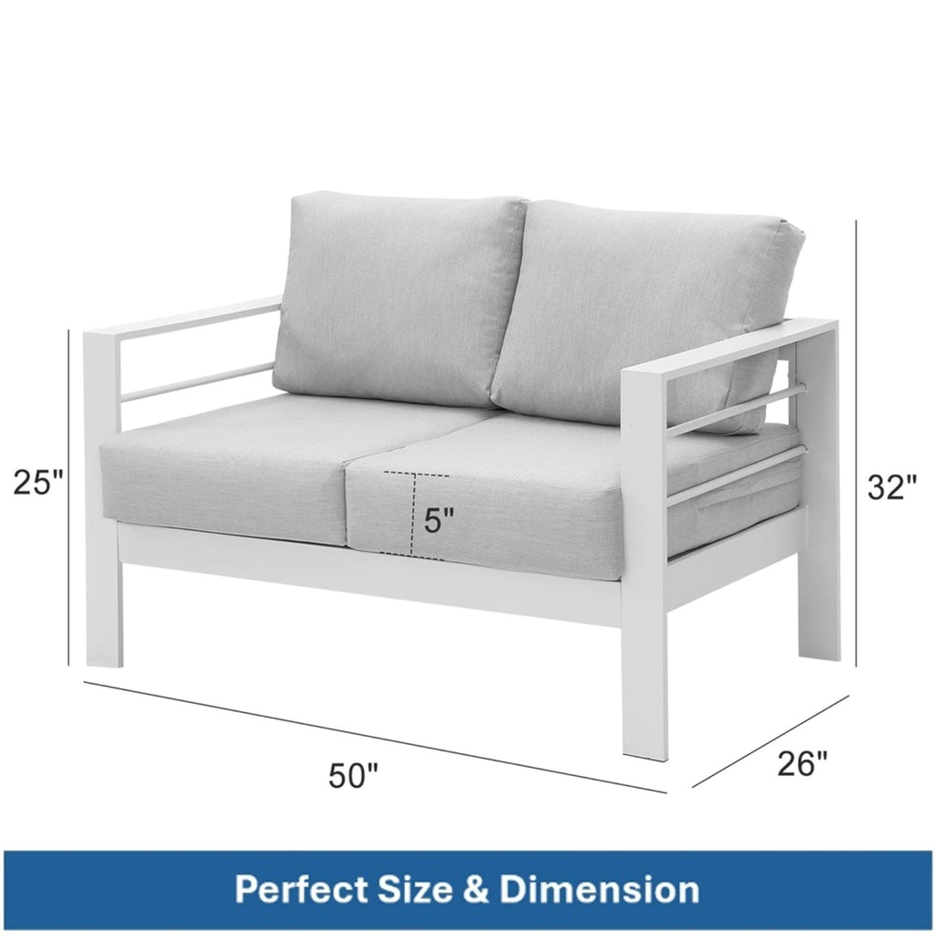 Outdoor Loveseat Aluminum White Gray Cushion 50in 600 lb Capacity