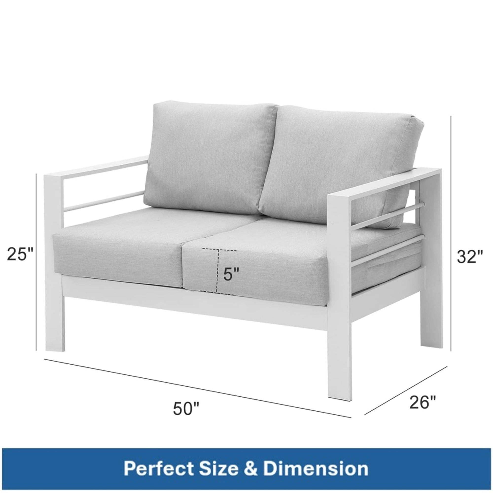 Outdoor Loveseat Aluminum White Gray Cushion 50in 600 lb Capacity