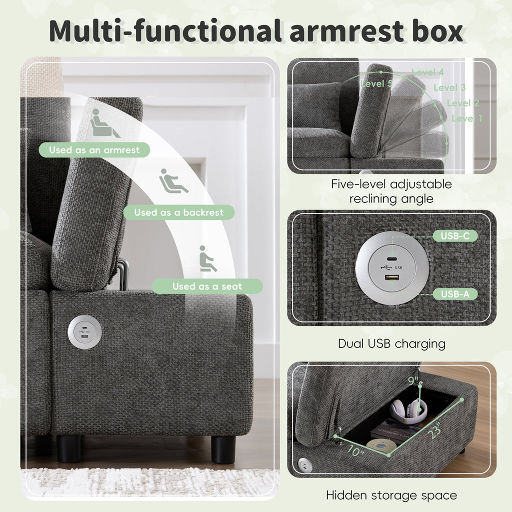 Sofa Bed L-Shape Chenille Gray 6 Seat Pull-Out USB Ports 107 In