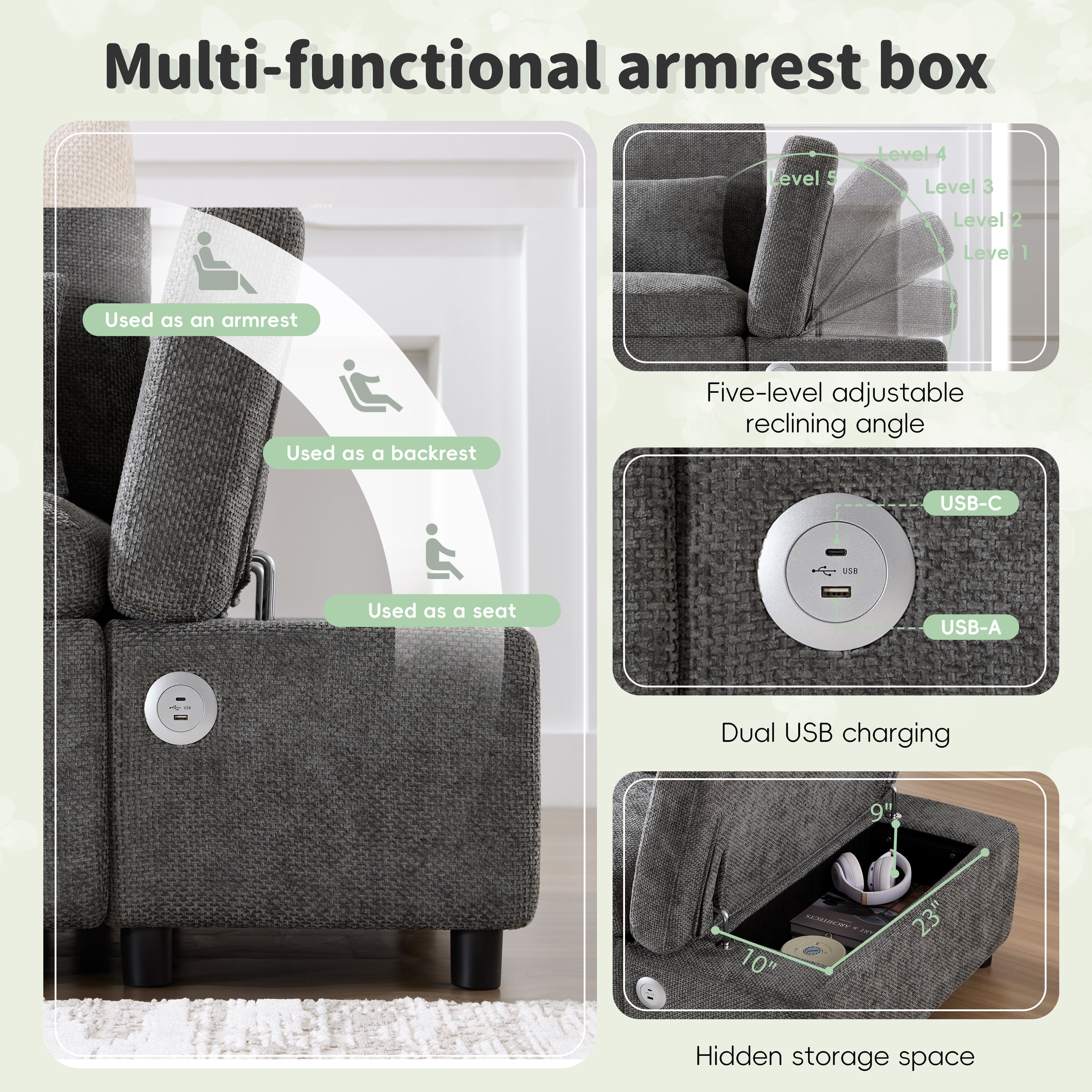 Sofa Bed L-Shape Chenille Gray 6 Seat Pull-Out USB Ports 107 In