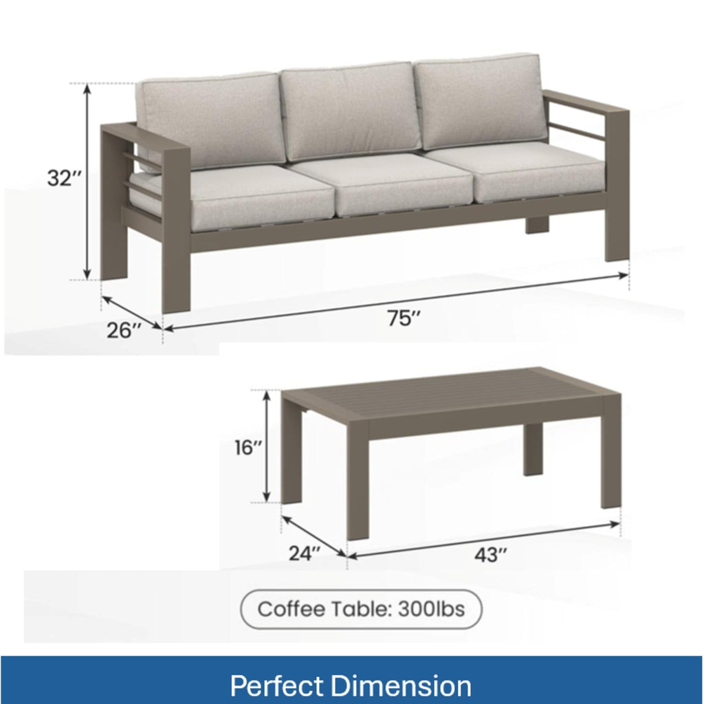 Outdoor Patio Set Iron Khaki 2 Piece 3 Seat Sofa 5 in Cushions 43in Table
