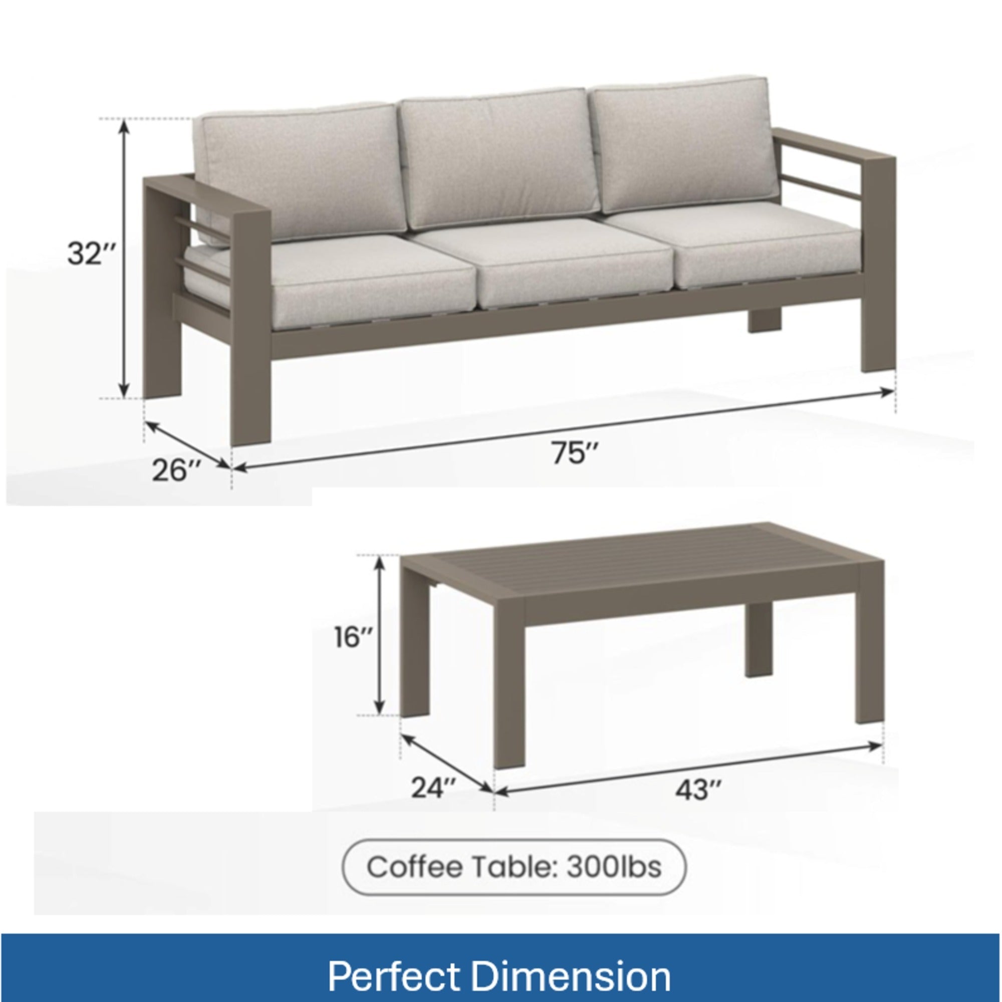 Outdoor Patio Set Iron Khaki 2 Piece 3 Seat Sofa 5 in Cushions 43in Table
