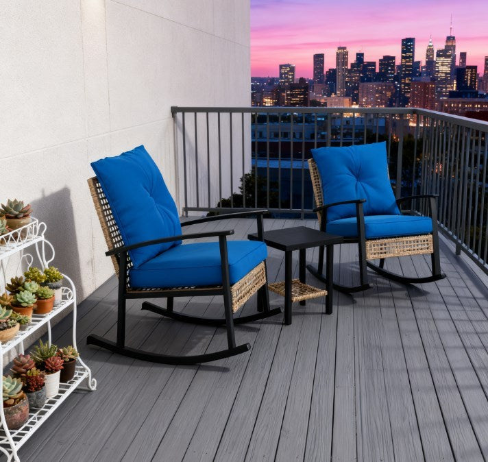Outdoor Rocking Chair Set PE Rattan Steel Blue 3 Piece