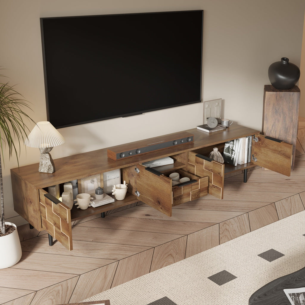 TV Stand Natural Wood Checkered MDF Soft-Close Doors Fits 85 In TV 78.7 In