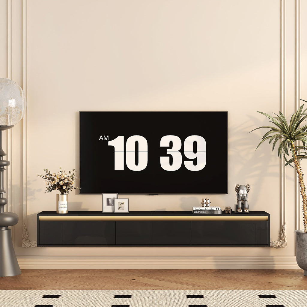 TV Stand Wall-Mounted Floating LED Black MDF 3 AC 2 USB Fits 65 In TV