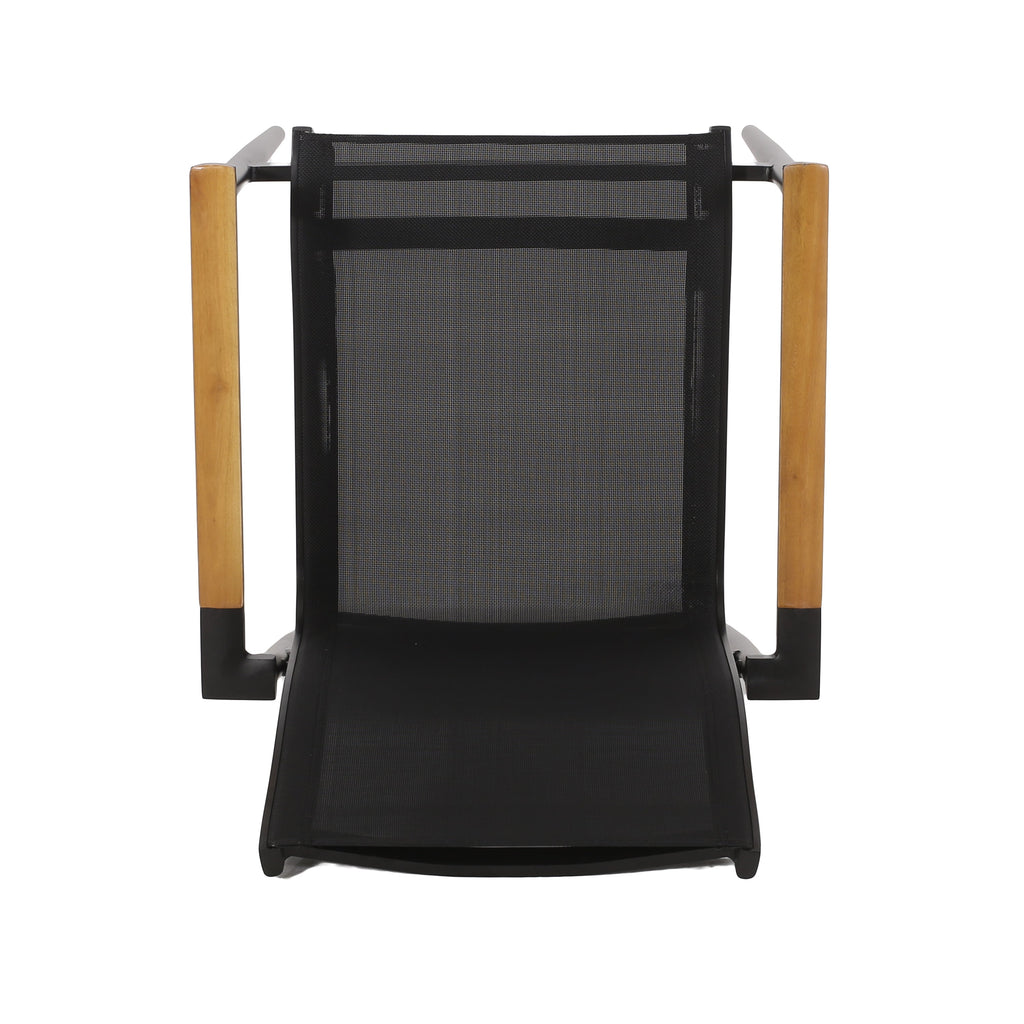 Dining Chair Outdoor Aluminum Mesh Black Natural Faux Wood Accent 22x25x36 In