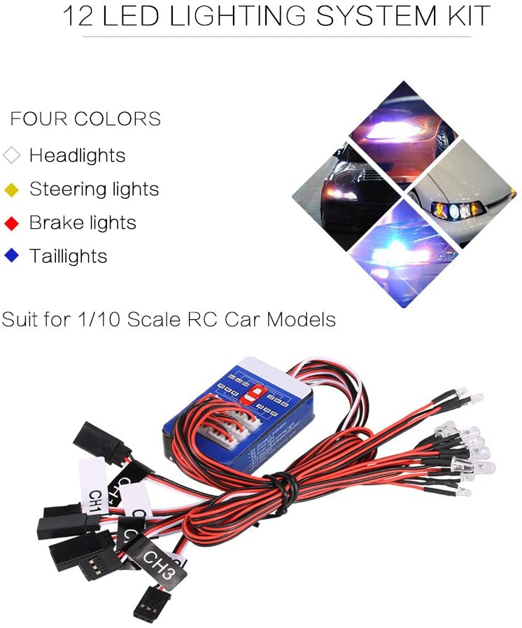 IRonManRc 12 LED RC Lighting Kit for Steering/Brake/Smart Simulation Flash RC Lights