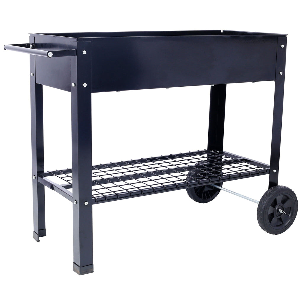 Elevated Mobile Raised Ergonomic Metal Planter Garden Bed With Wheels Powder Coated Steel - Black