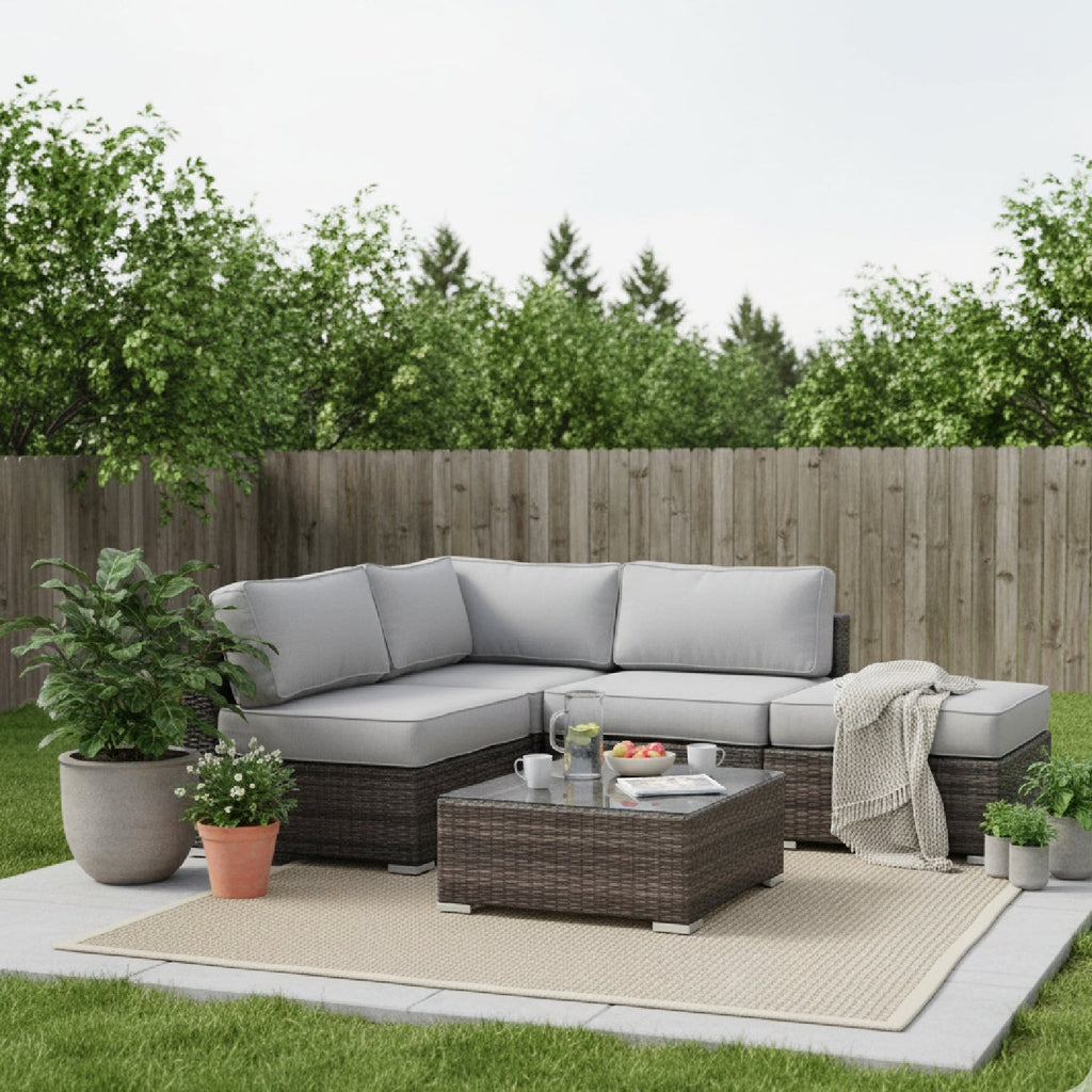 Outdoor Sofa Set HDPE Wicker Brown 3 Piece Sofa Ottoman Glass Table Seats 3