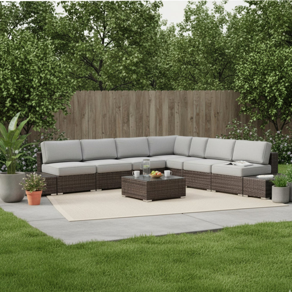 Outdoor Sectional Set HDPE Wicker Aluminum Gray 10 Piece 212 LB